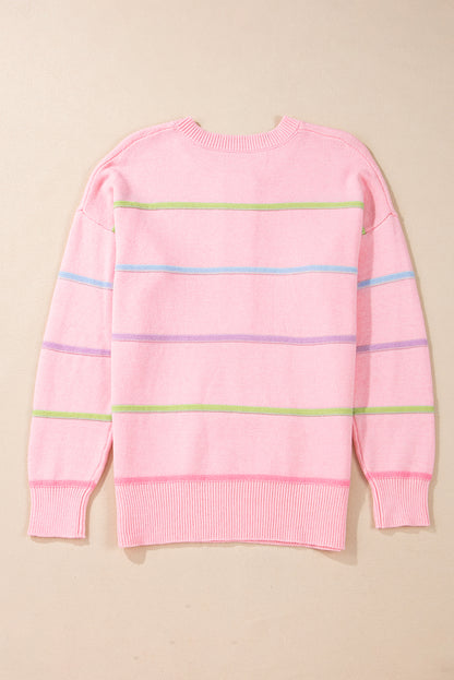 Rainbow Stripes Drop Shoulder Baggy Henley Sweater | Pink