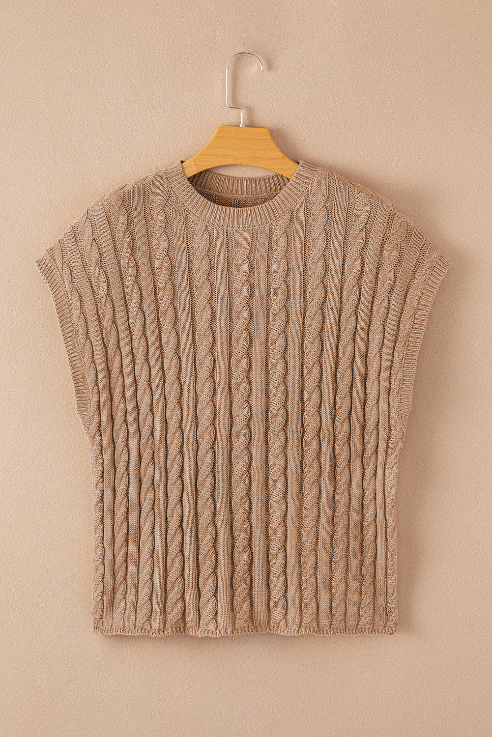 Crew Neck Cable Knit Short Sleeve Sweater | Light French Beige