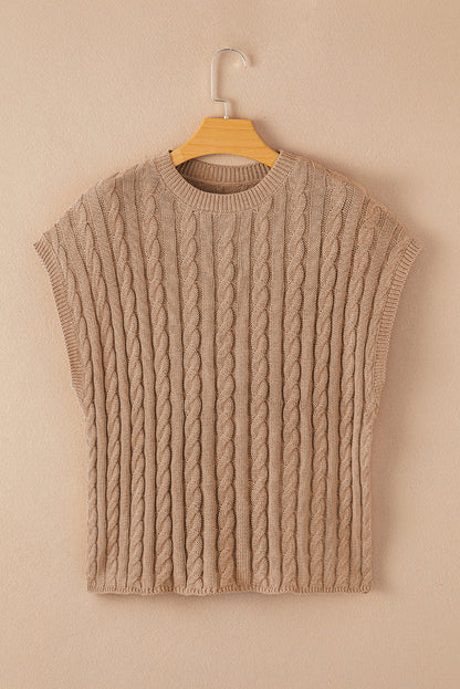 Crew Neck Cable Knit Short Sleeve Sweater | Light French Beige