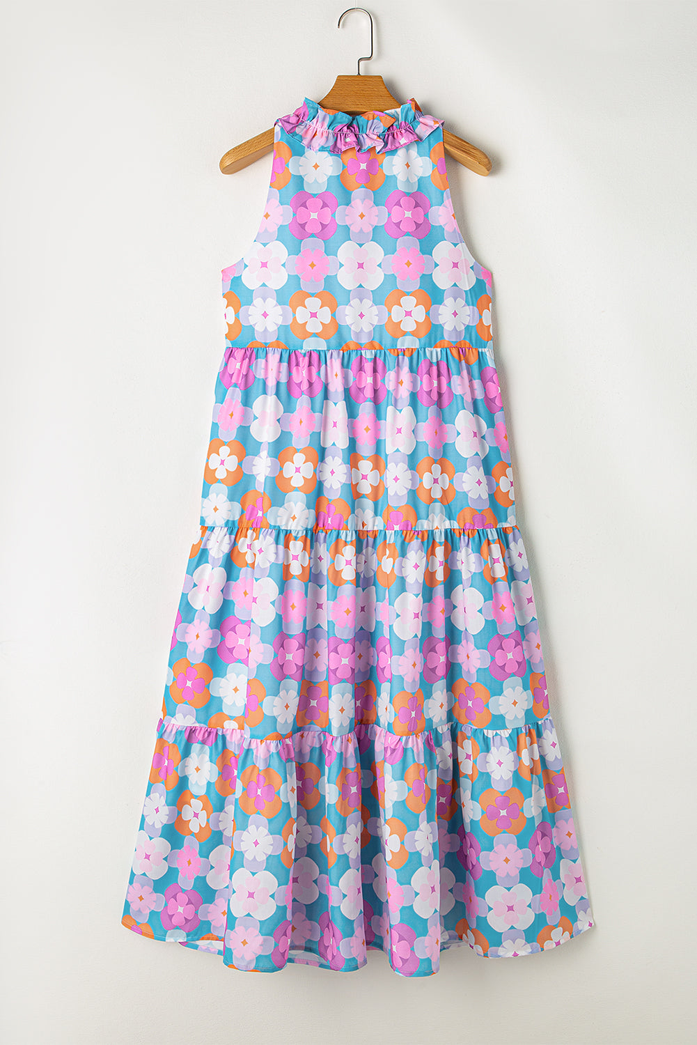 Floral Print Frilly Neck Sleeveless Tiered Maxi Dress | Sky Blue