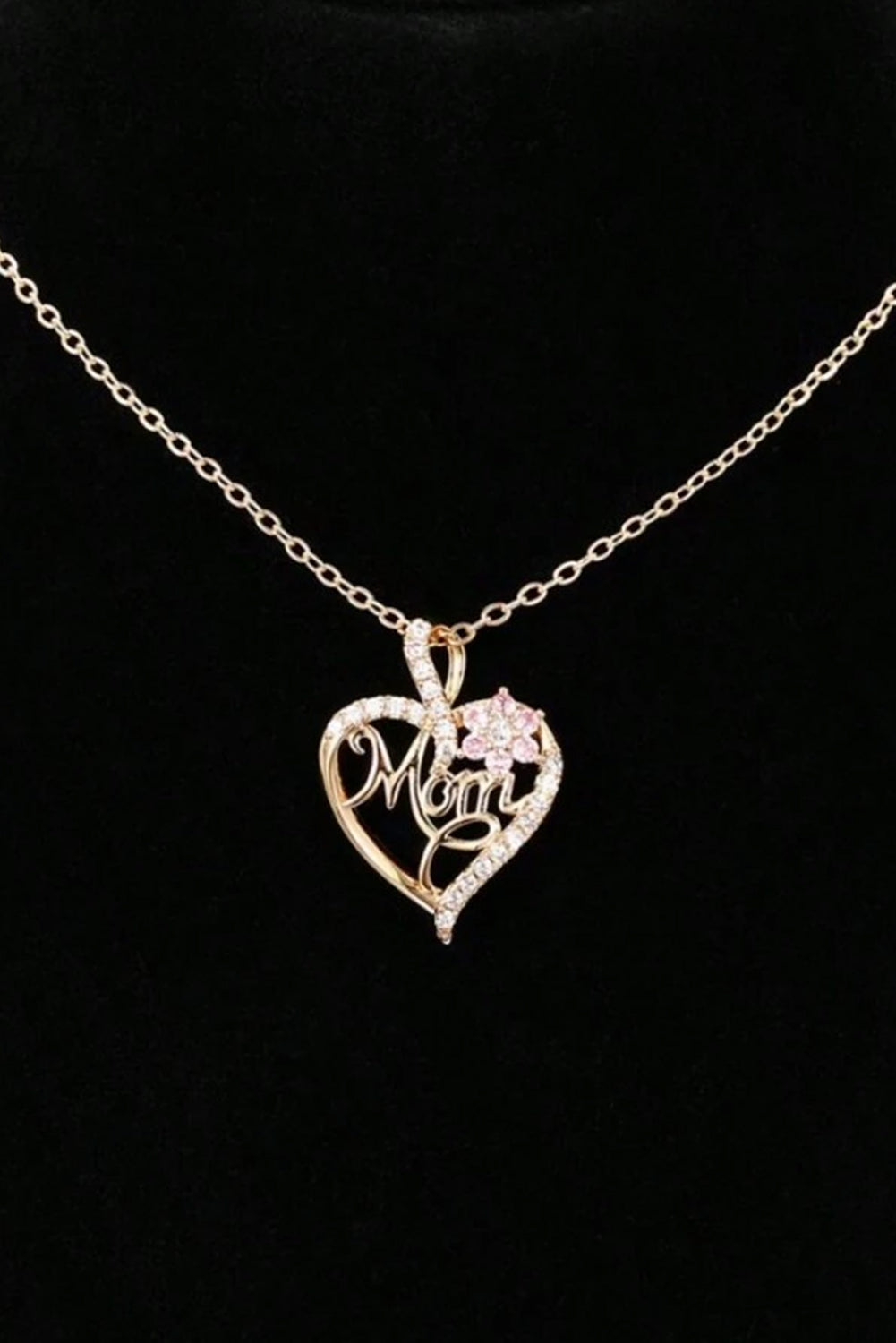 Mom Rhinestone Flower Hollow-Out Heart Necklace | Gold