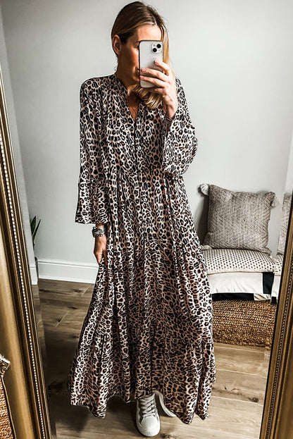 Leopard Print Tiered Wide Sleeve Maxi Dress | Apricot