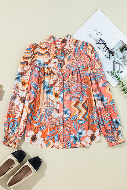 Floral Print Shirred Cuff Buttoned Loose Shirt | Orange