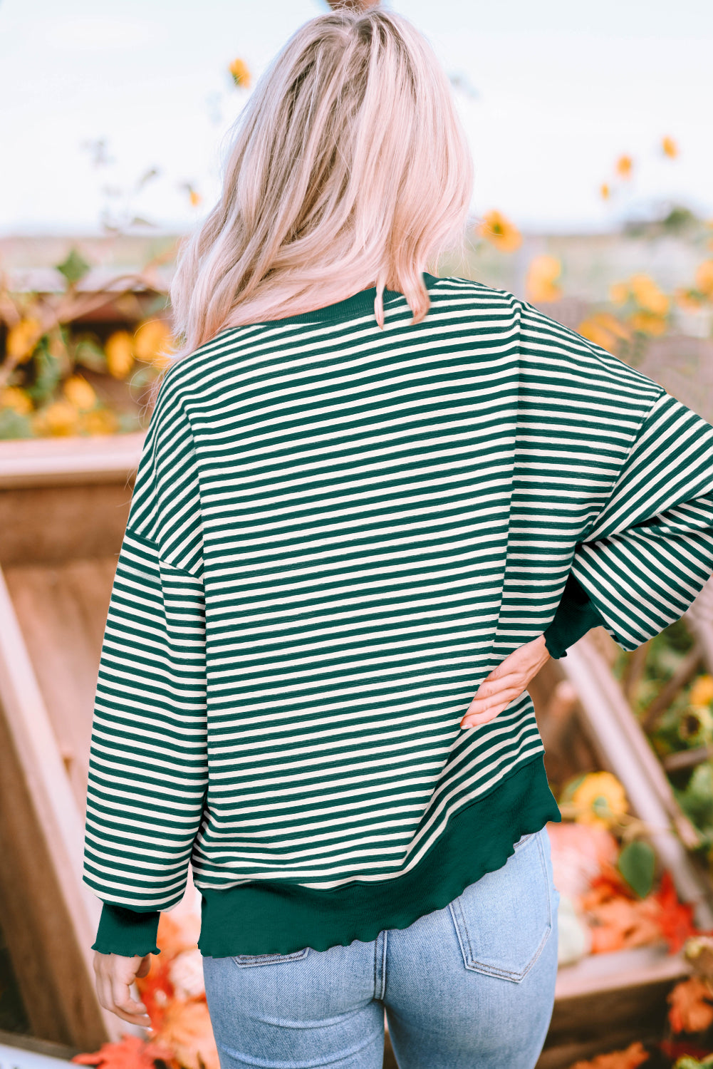 Loose Drop Shoulder Long Sleeve Top | Green Stripe