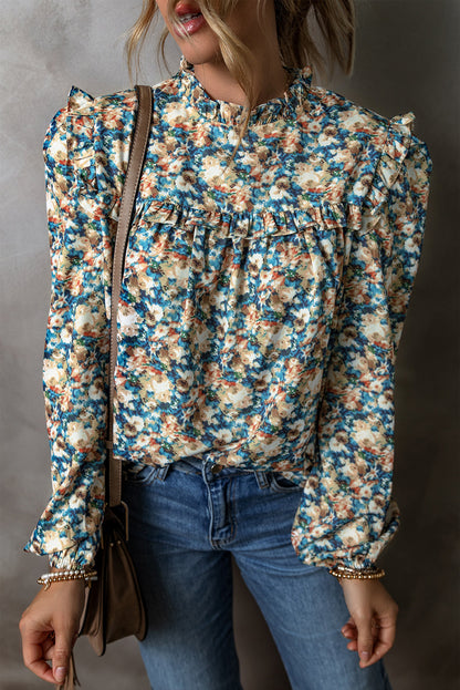 Floral Print Frilled Mock Neck Puff Sleeve Blouse | Sky Blue