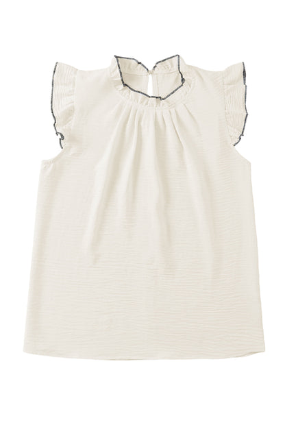 Contrast Trim Ruffled Crew Neck Sleeveless Top | White