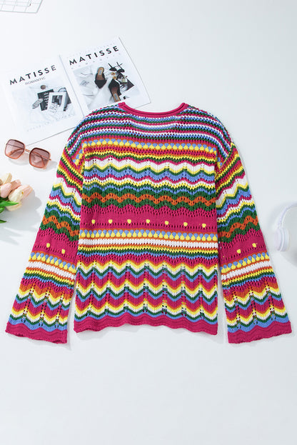 Colourblock Striped Hollowed Knit Loose Sleeve Sweater | Rose Red