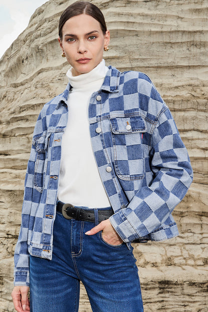 Checkered Patchwork Button Up Denim Jacket | Light Blue