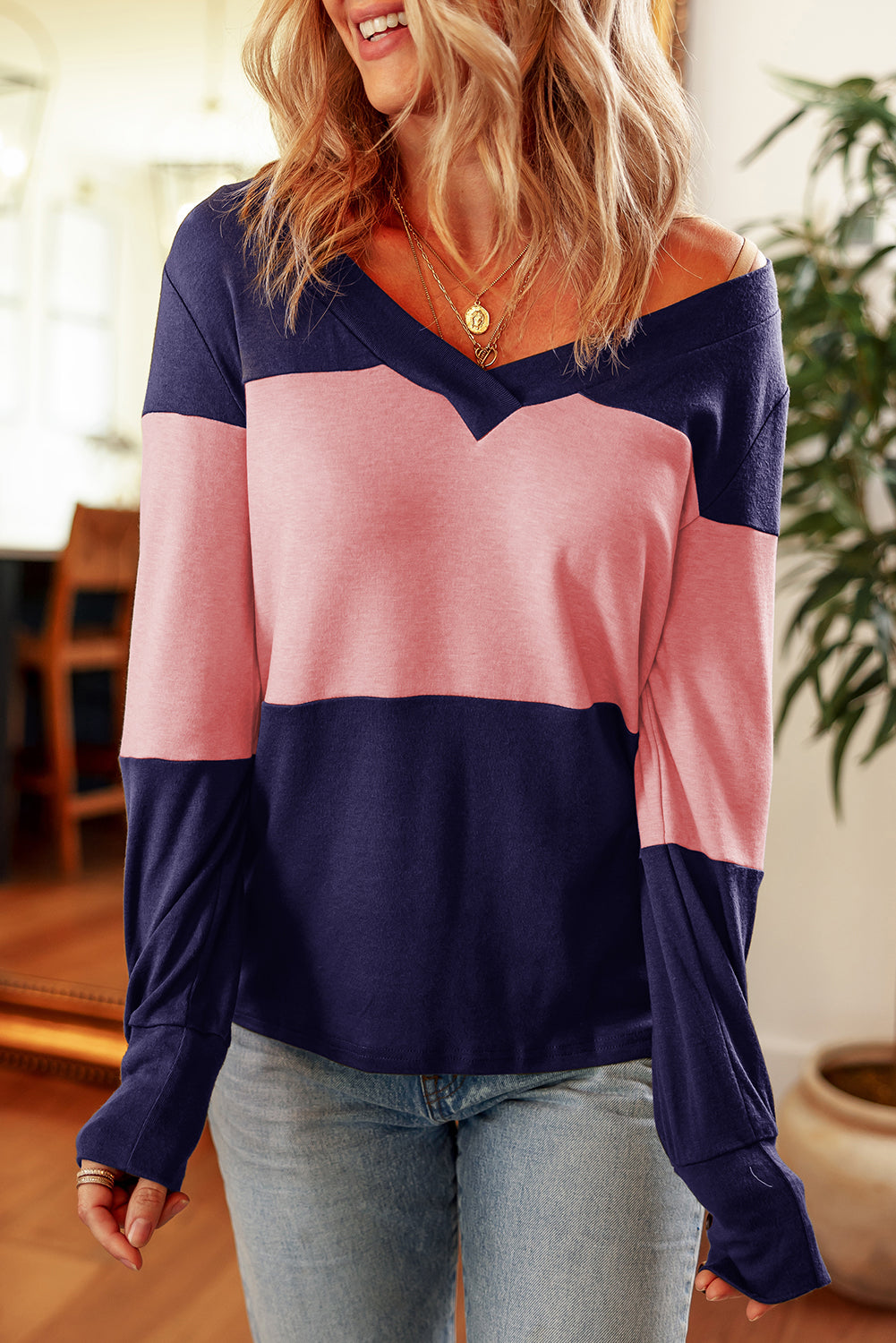 Colourblock Button Decor Long Sleeve V Neck Top | Blue Stripe