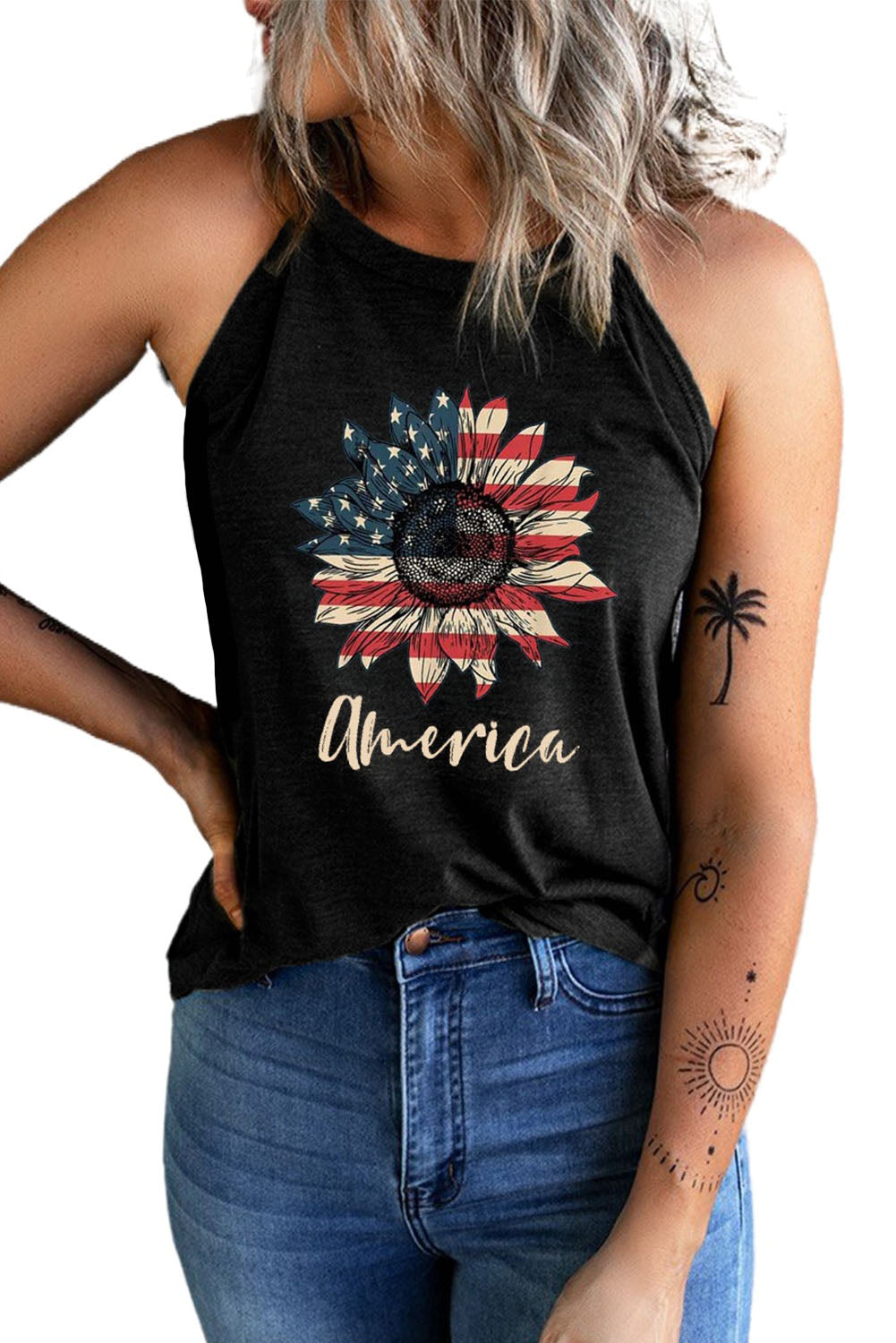 America Stars And Stripes Sunflower Tank Top | Black