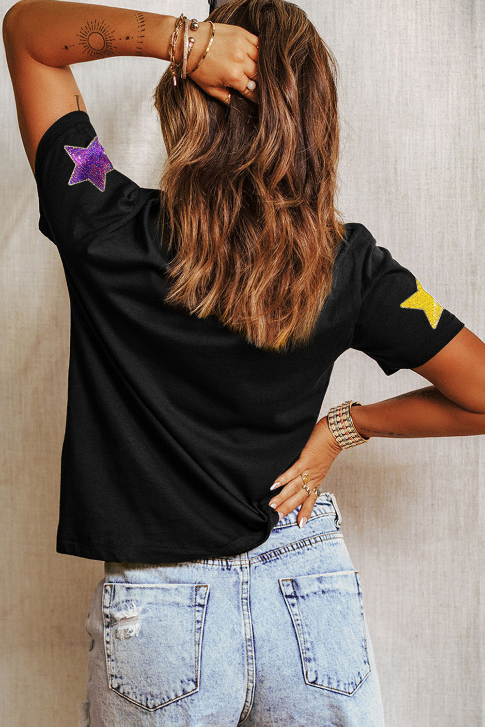 Colourful Sequin Stars Patched Relaxed T Shirt | Black