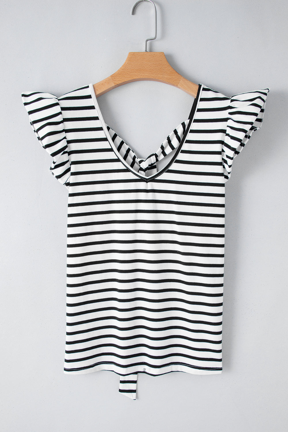 Butterfly Sleeve V Neck Hollowed Knot Back T Shirt | White Stripe