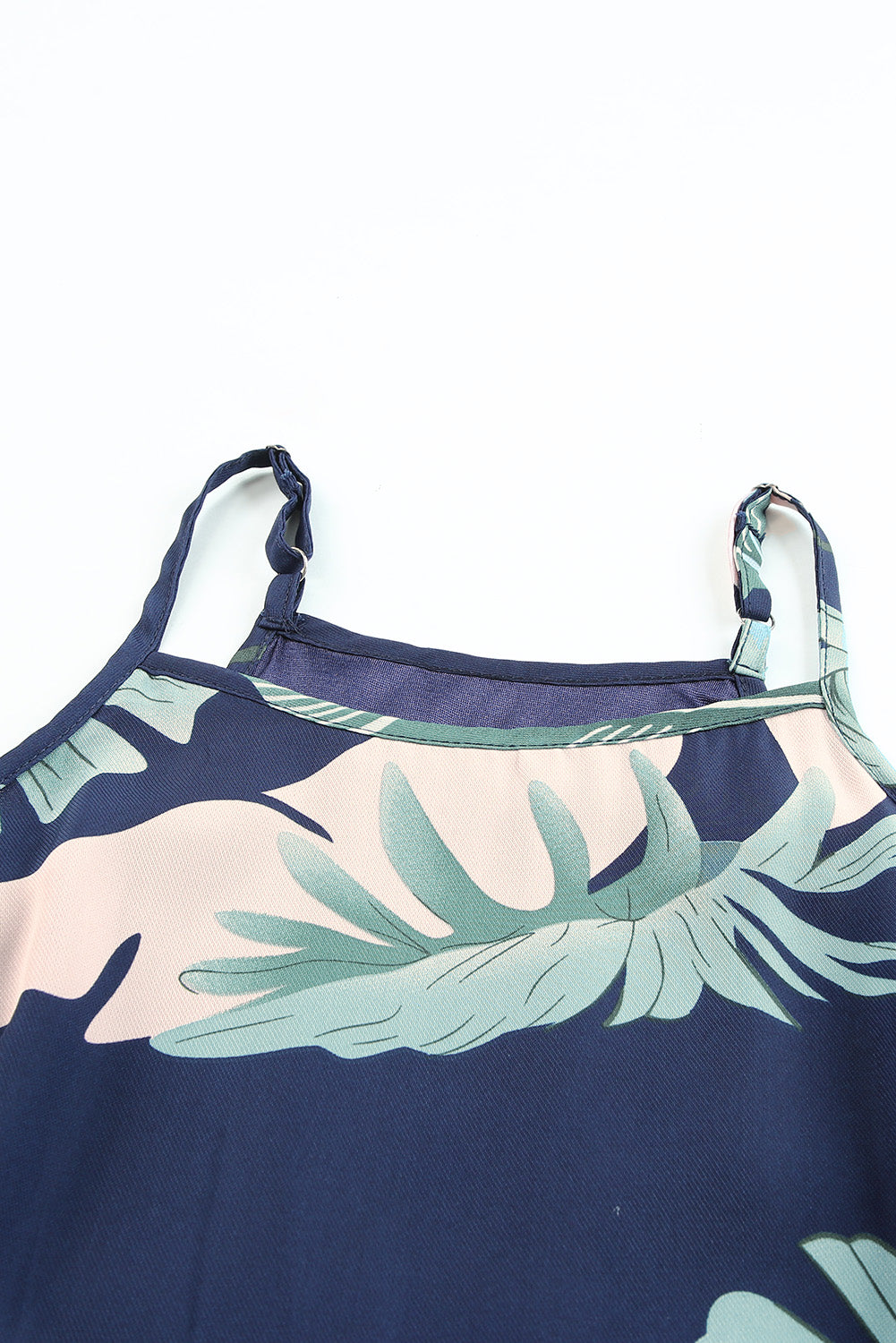 Palm Tree Leaf Print Navy Sleeveless Dress | as shown