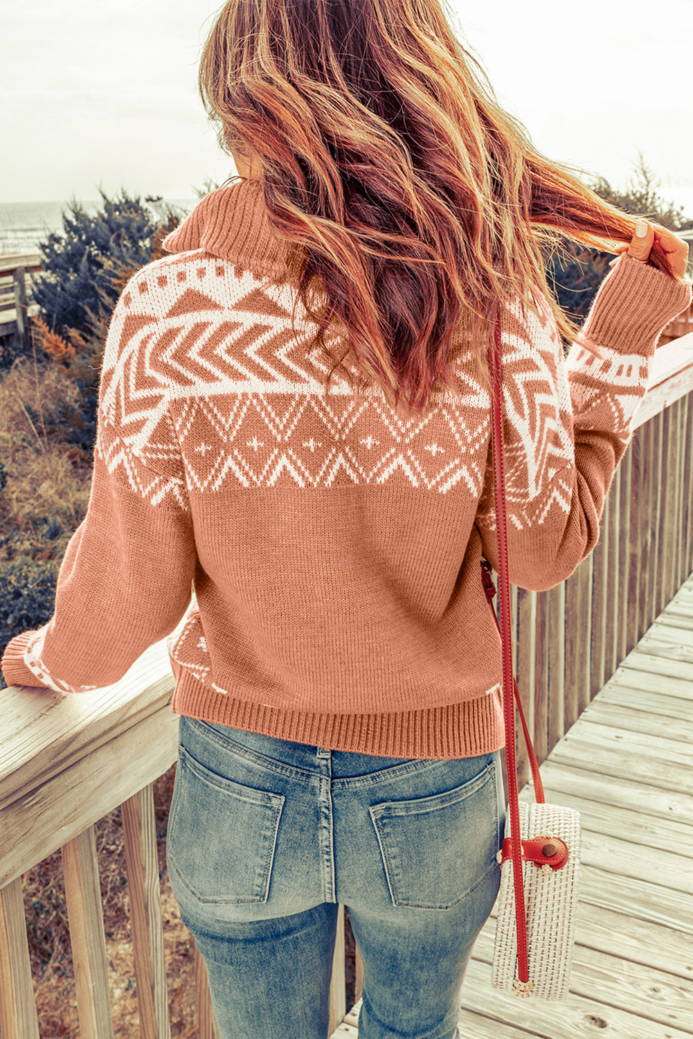 Geometry Knit Quarter Zip Sweater | Pink