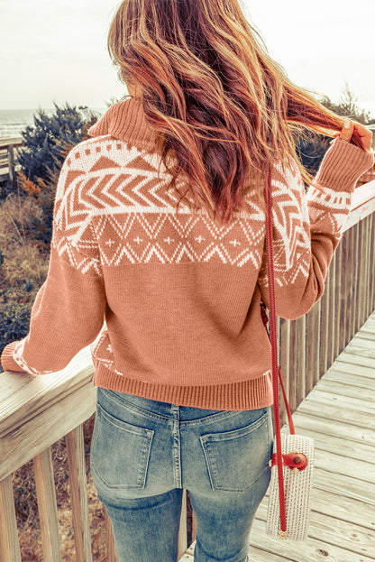 Geometry Knit Quarter Zip Sweater | Pink