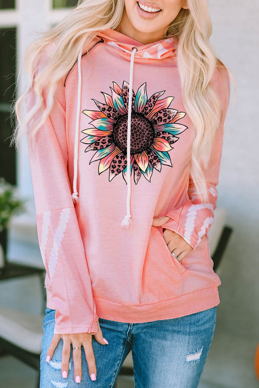 Pink Leopard Sunflower Aztec Print Drawstring Hoodie