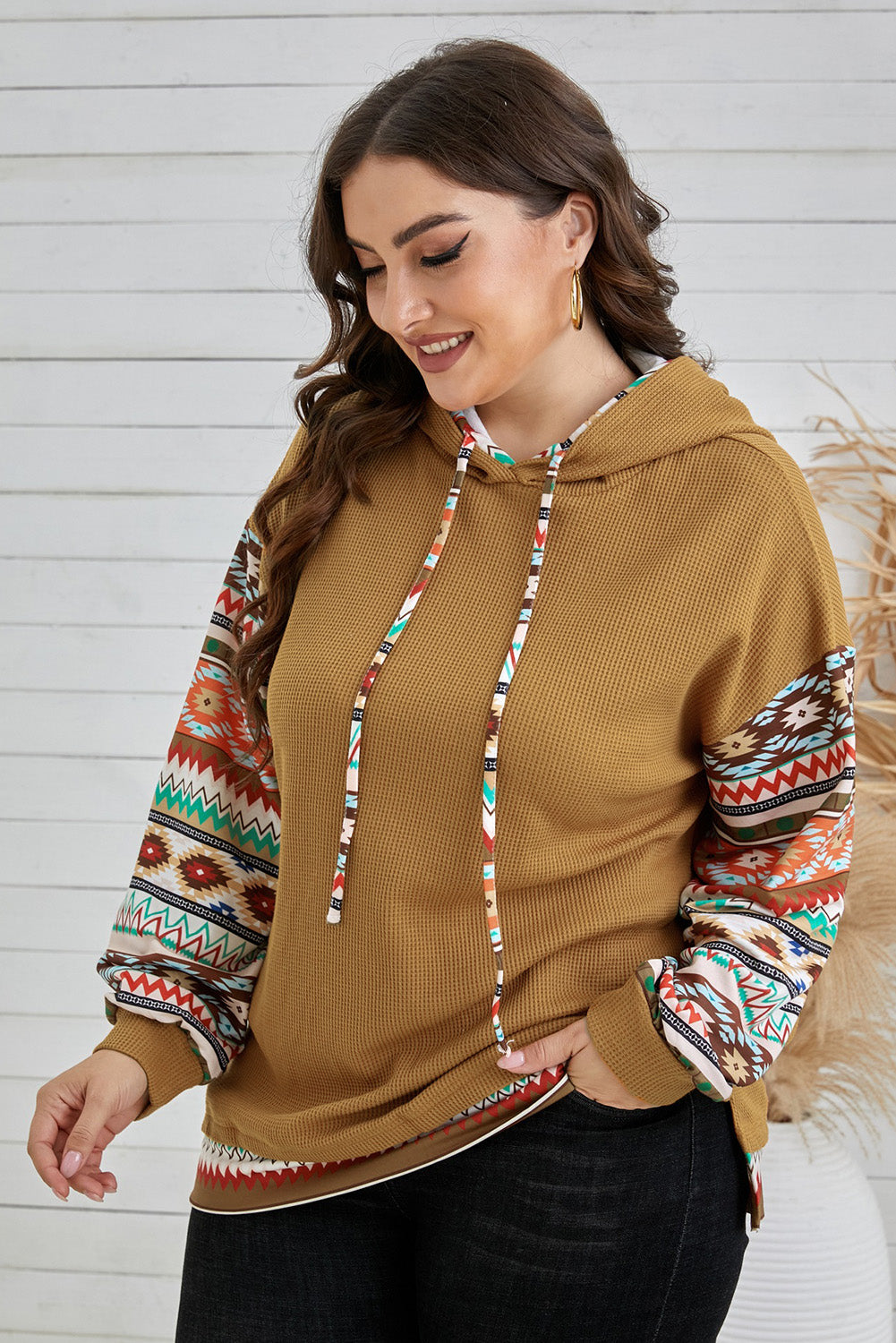 Texture Aztec Accent Plus Size Hoodie | Khaki