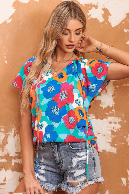 Floral Print Drawstring V Neck Short Sleeve Blouse | Multicolour