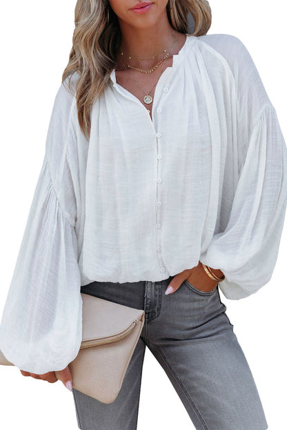 Solid Colour V Neck Balloon Sleeve Shirt | White