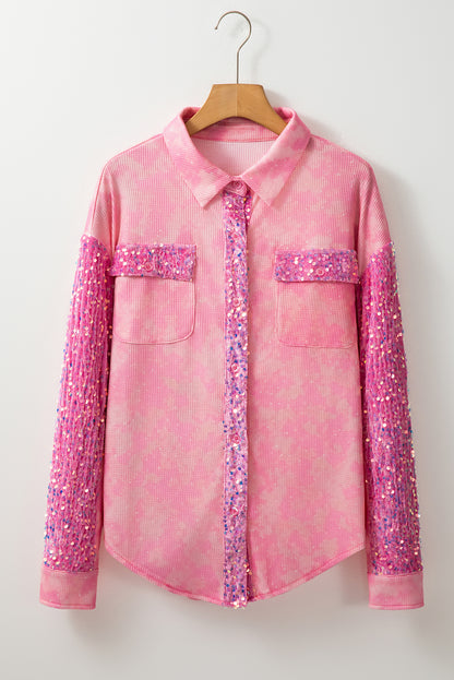 Mineral Wash Sequin Patchwork Flap Pocket Shacket | Apricot Pink