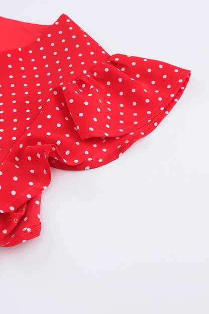 Fiery  Polka Dot V Neck Ruffle Sleeve Dress | Red