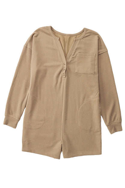 Brushed Ribbed Button Split V Neck Long Sleeve Romper | Khaki