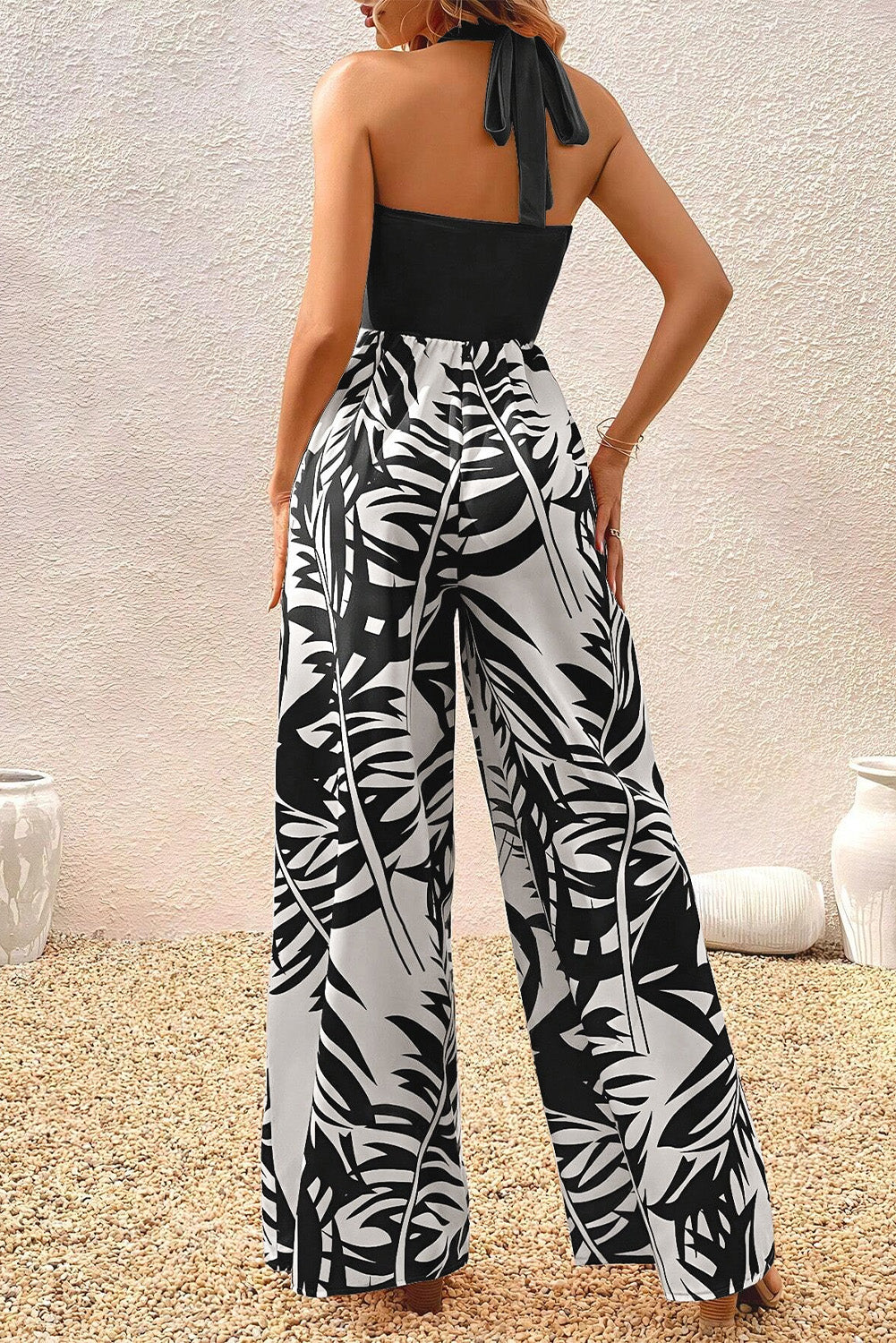 Halter Tropical Plant Print Wide Leg Jumpsuit | Black