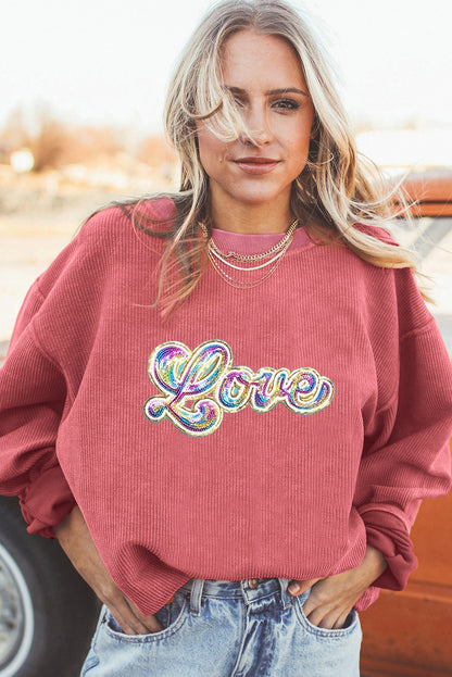 Sequin Love Graphic Drop Shoulder Corded Valentines Sweatshirt | Strawberry Pink