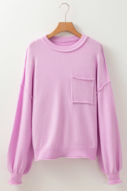 Raw Edge Ribbed Detail Drop Shoulder Sweater | Pink