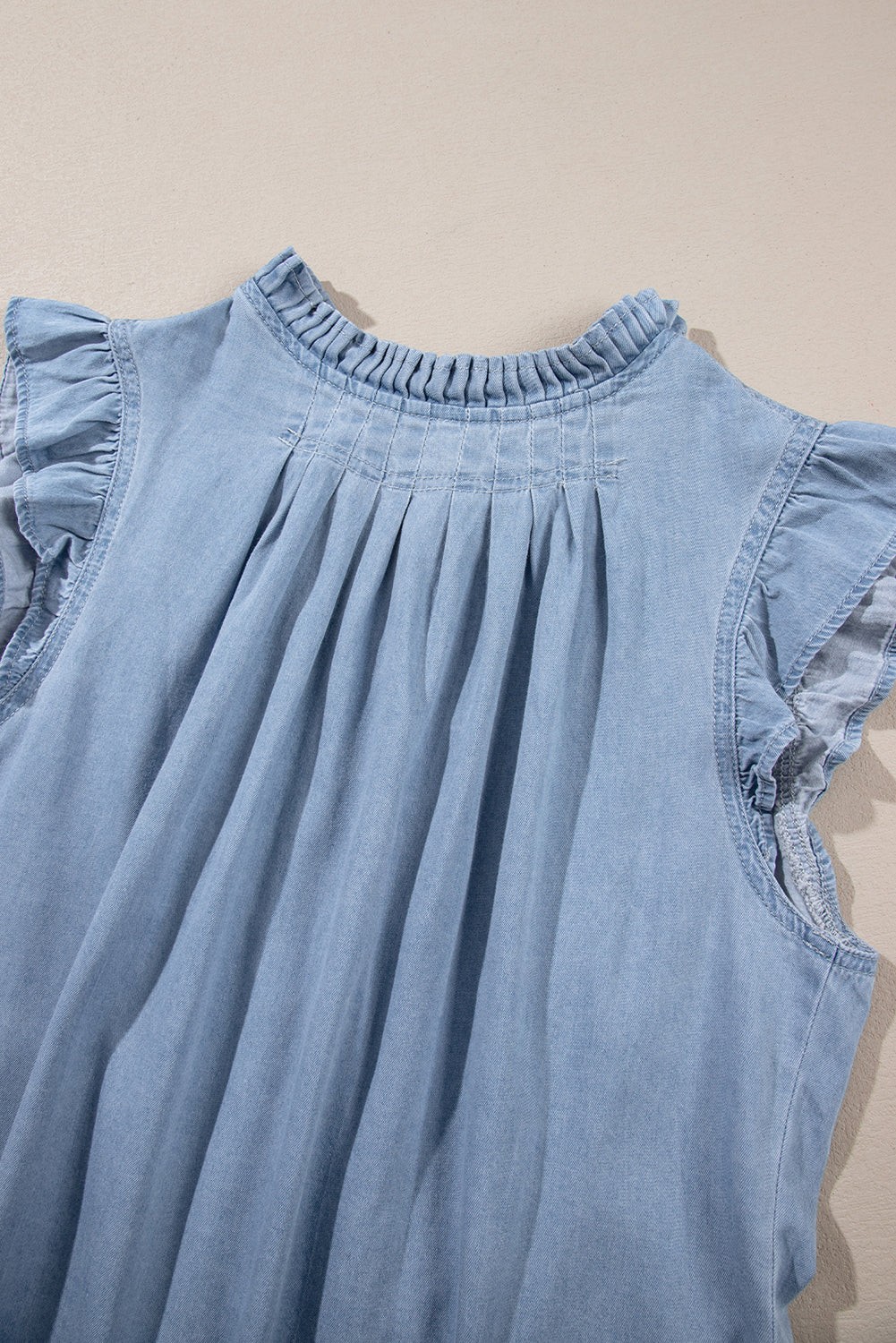 Frilly Pleated Button Back Retro Chambray Top | Beau Blue