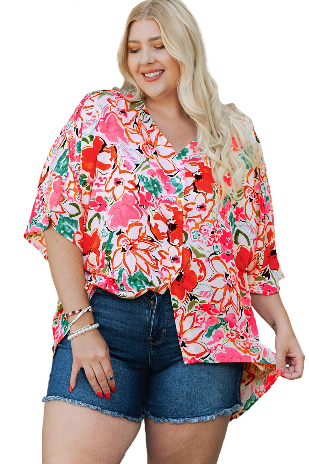 Plus Size Floral Print Kimono Sleeve Shirt | Rose