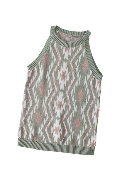 Western Tribal Aztec Pattern Knit Sweater Tank | Laurel Green