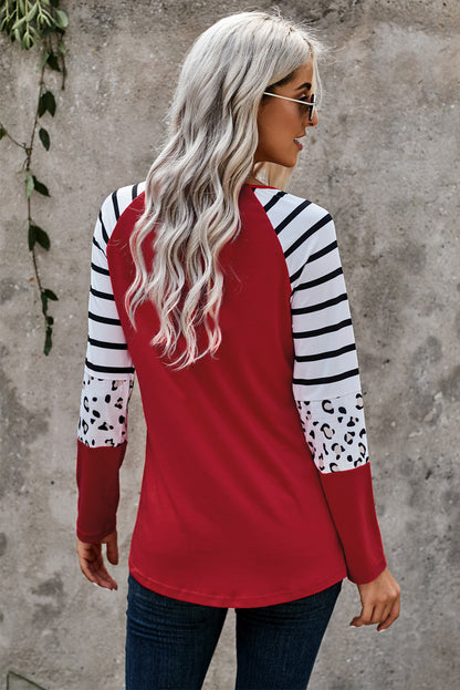 Fiery  Valentines Leopard Heart Print Colour Block Long Sleeve Top | Red