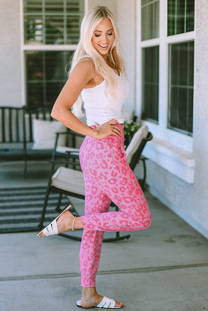 Leopard Print Ankle-Length High Waist Skinny Pants | Pink