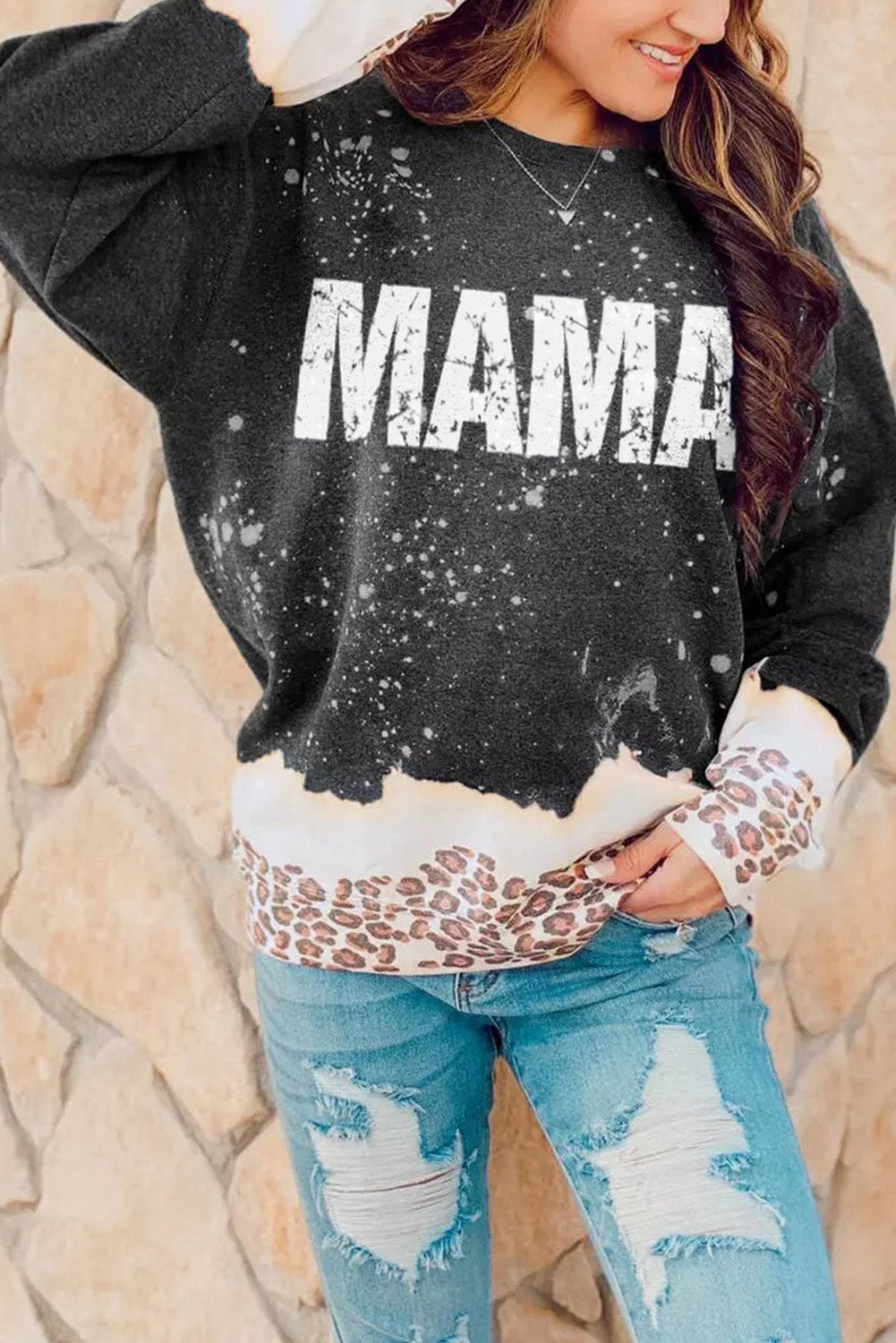 Mama Bleached Leopard Trim Pullover Sweatshirt | Black