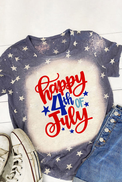 Blue Happy 4th Of July Bleached Stars Print T Shirt