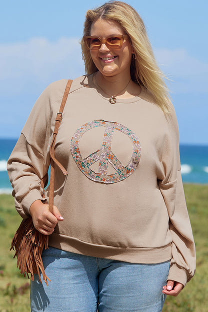 Floral Peace Sign Graphic Washed Terry Plus Size Sweatshirt | Pale Khaki