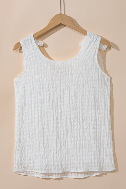 Lattice Texture Bowknot Shoulder V Neck Tank Top | White