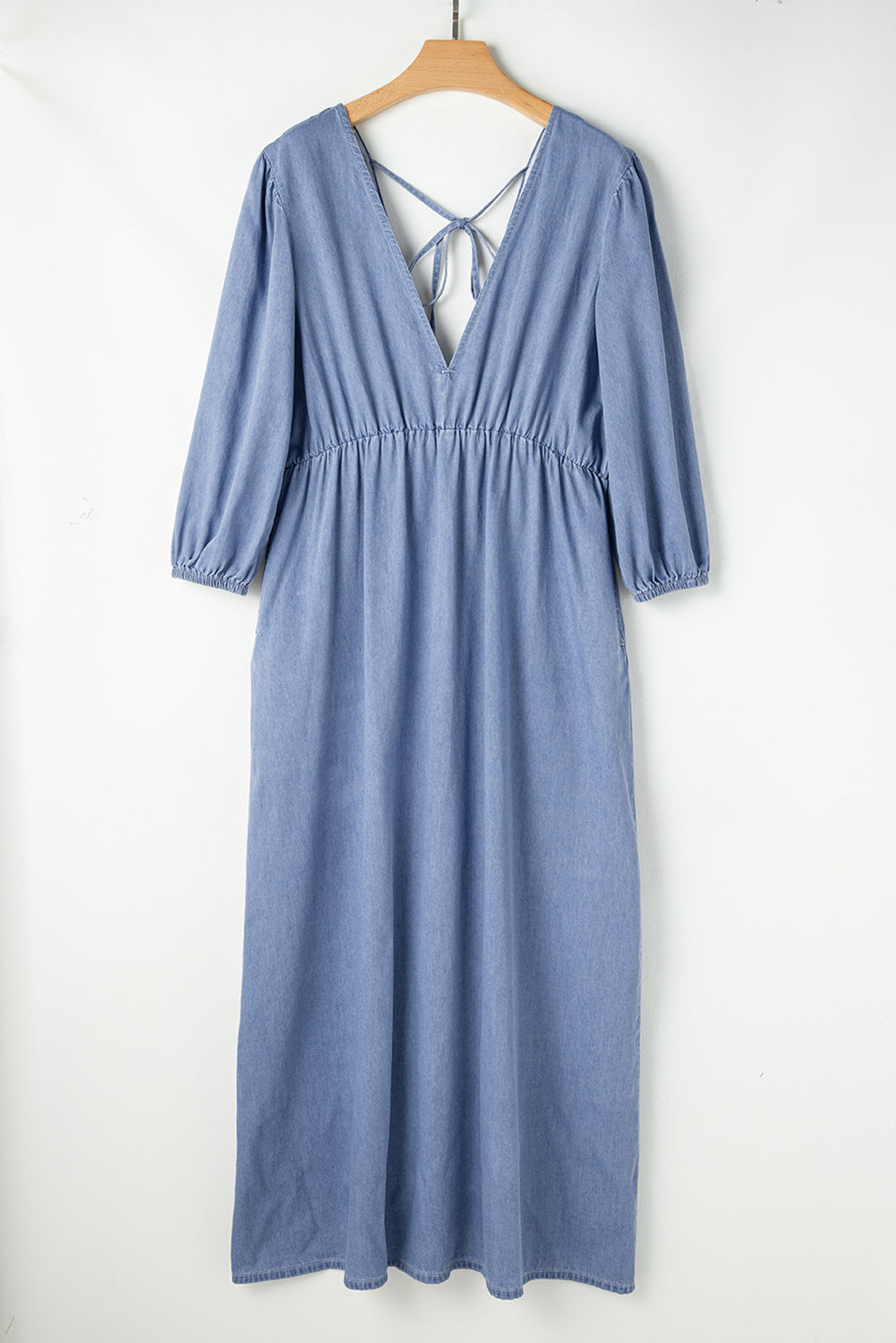 Chambray Deep V Neck Bracelet Sleeve Maxi Dress | Myosotis