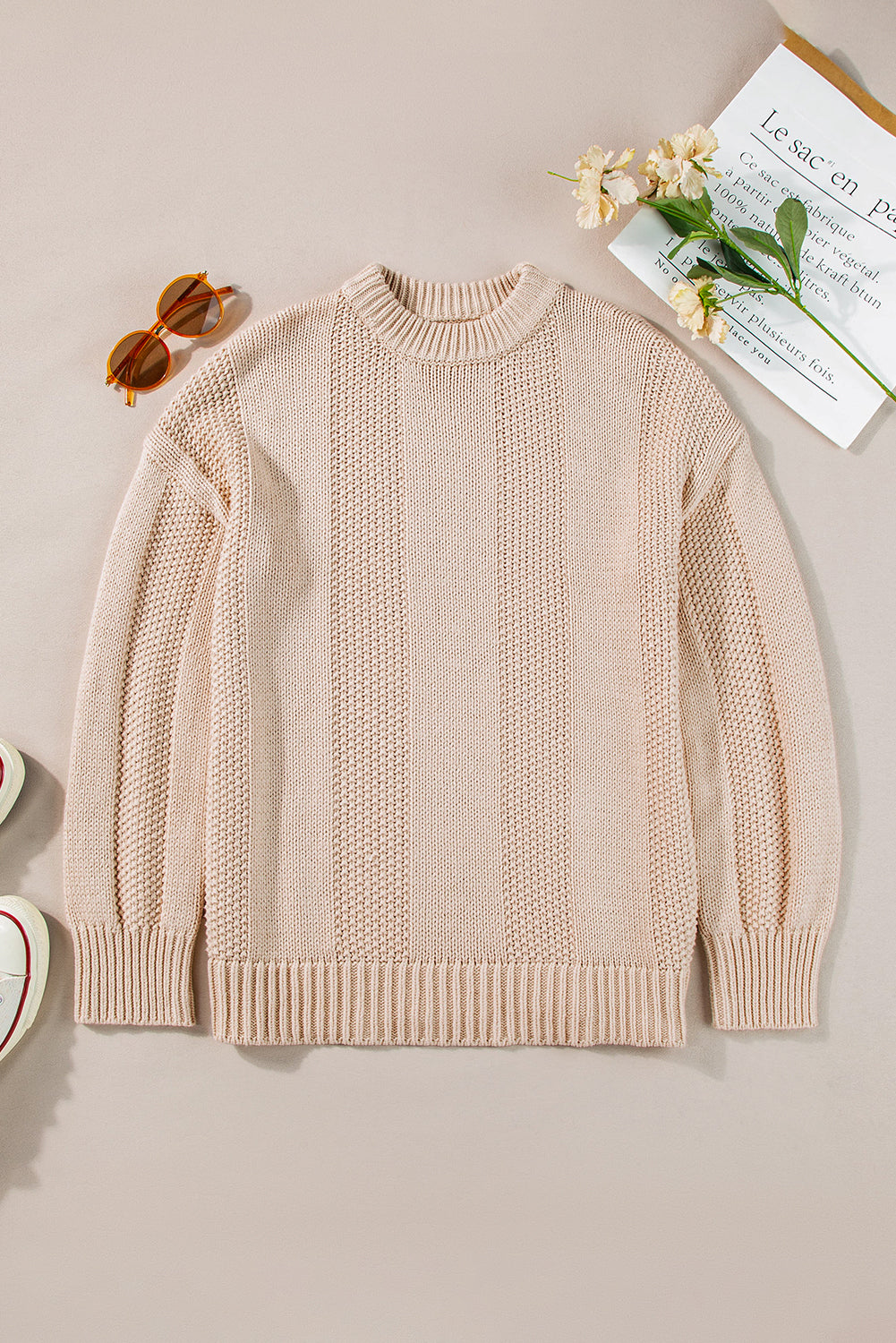 Solid Colour Cable Knit Ribbed Loose Sweater | Pale Khaki