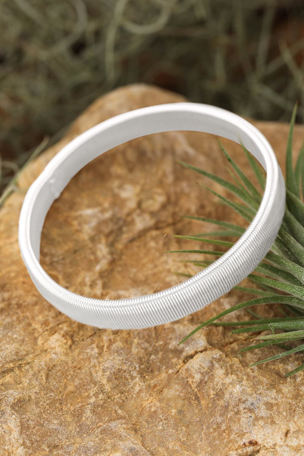 Stretchy Plated Metal Wide Bangle | White