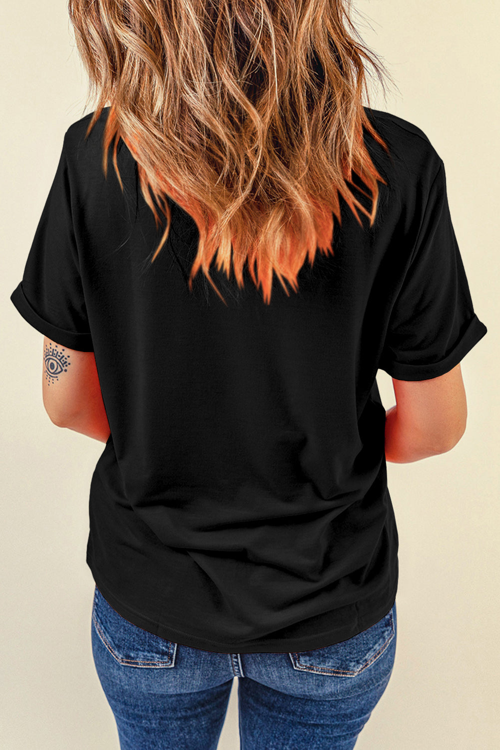 Western Cow Print Round Neck Casual Tee | Black