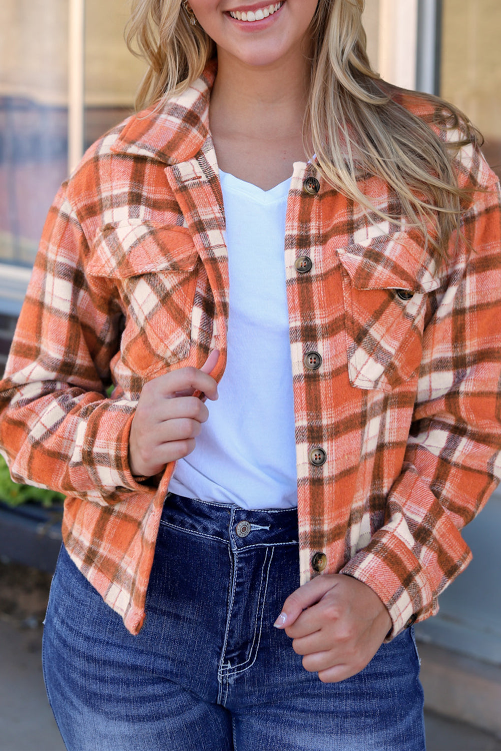 Plaid Button-Up Flap Pocket Jacket | Orange