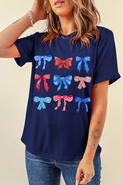 Diverse Bowknot Print Independent Day Graphic Tee | Blue