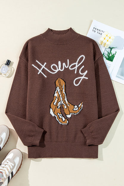 Western Howdy Boot Graphic High Neck Sweater | Coffee