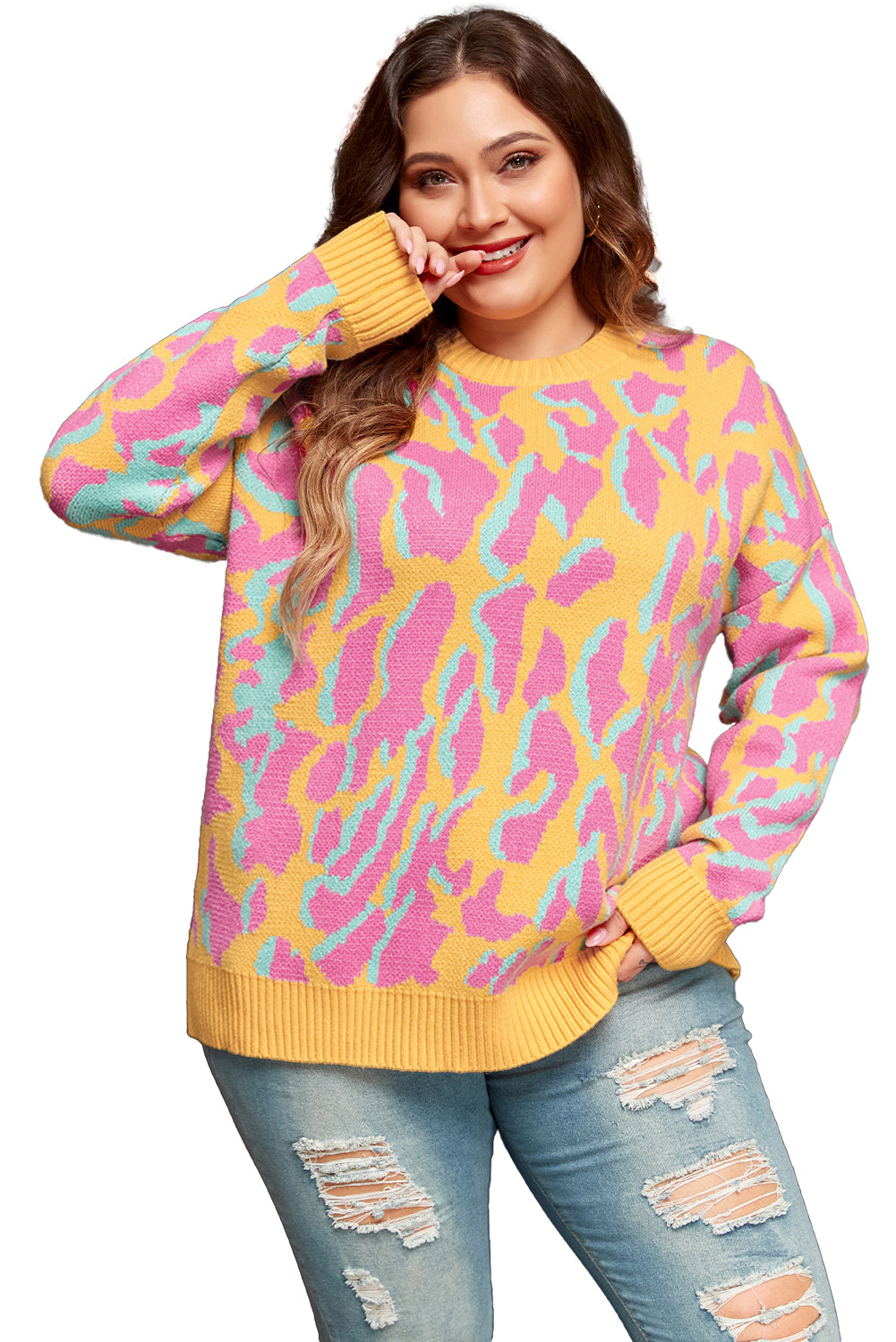 Plus Size Leopard Ribbed Trim Sweater | Bright Pink