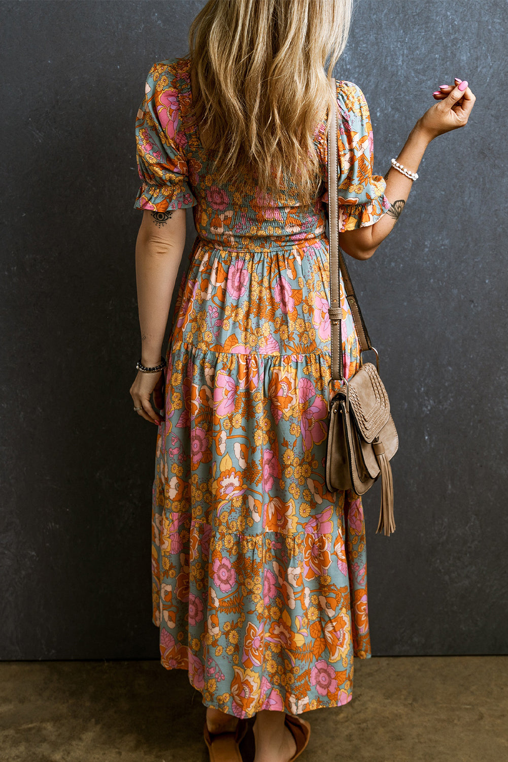 Smocked Bodice High Waist Puff Sleeve Floral Dress | Yellow