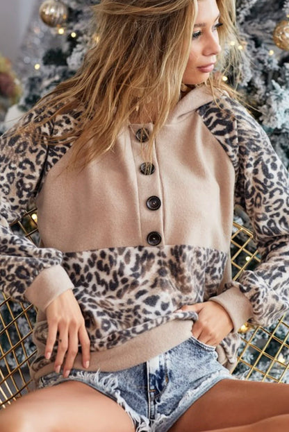 Print Buttoned Neckline Raglan Sleeve Hoodie | Leopard