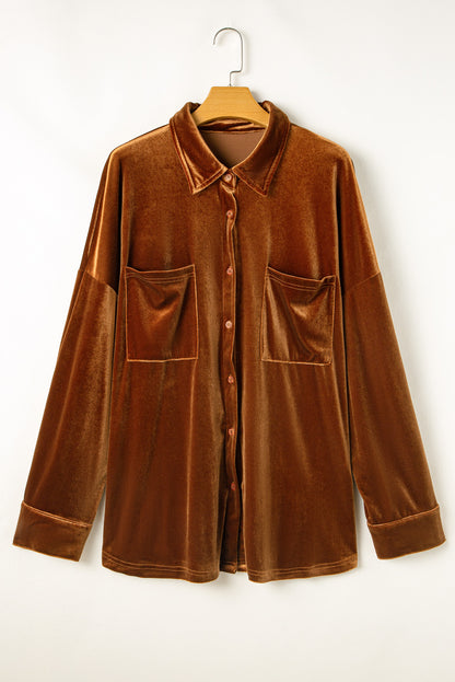 Plus Size Velvet Chest Pocket Drop Shoulder Shirt | Chestnut