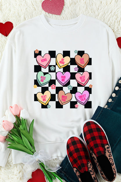 Checkered Valentines Letter Heart Pattern Sweatshirt | White